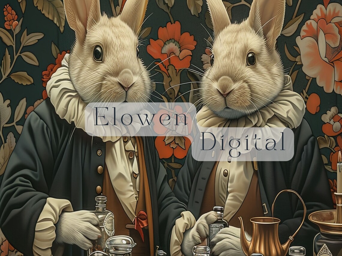 Two Apothecary Rabbits Behind A Counter Of Glass Remedy Bottles Wall Art - Image 4