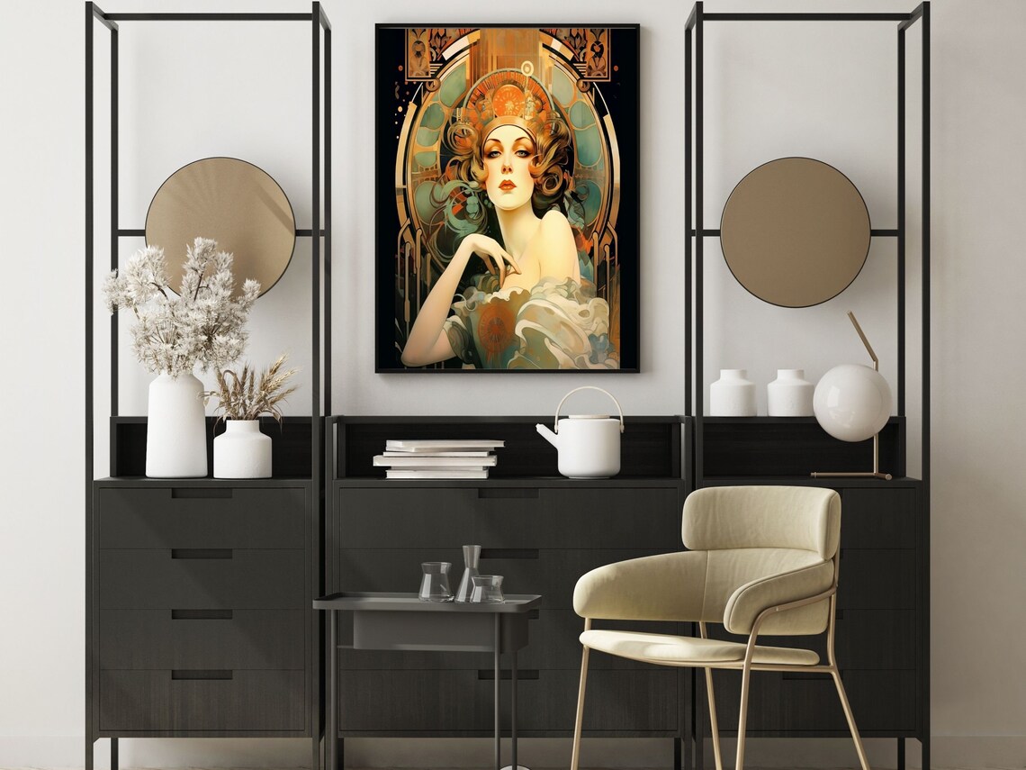 Elegant Golden Curled Woman In Ornate Art Nouveau Arch Portrait Print - Image 2