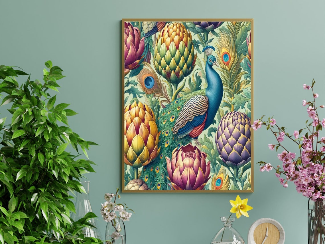 Art Nouveau Peacock Among Artichokes and Protea Blooms Poster - Image 2