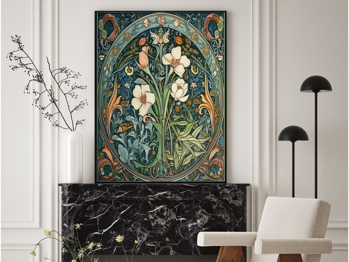 White Blossom Oval Medallion Art Nouveau Botanical Wall Poster - Image 2
