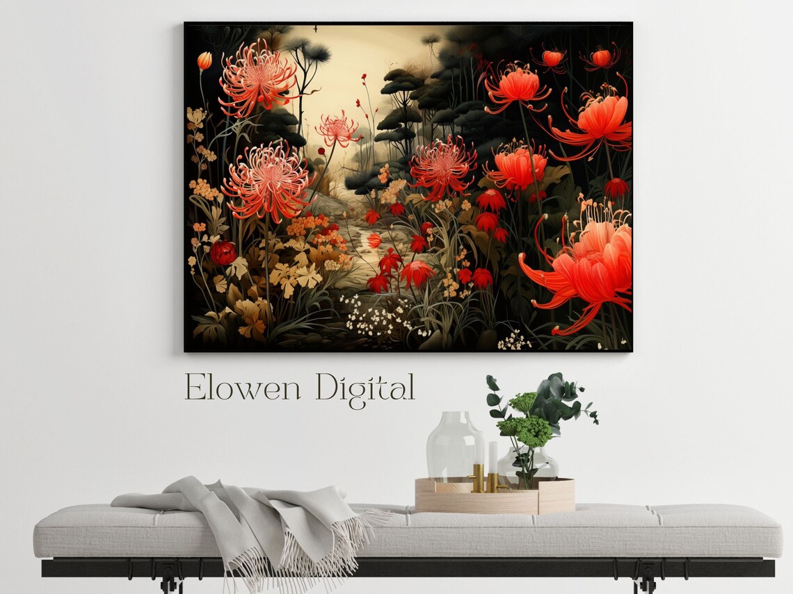 Japanese Style Red Chrysanthemums In Dark Moody Garden Poster