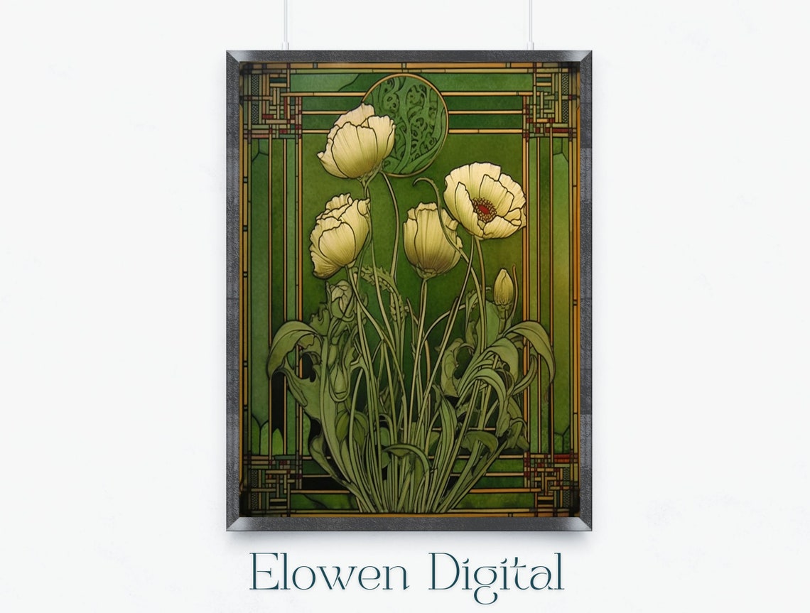 Delicate Art Nouveau White Poppies Green Vintage Botanical Poster