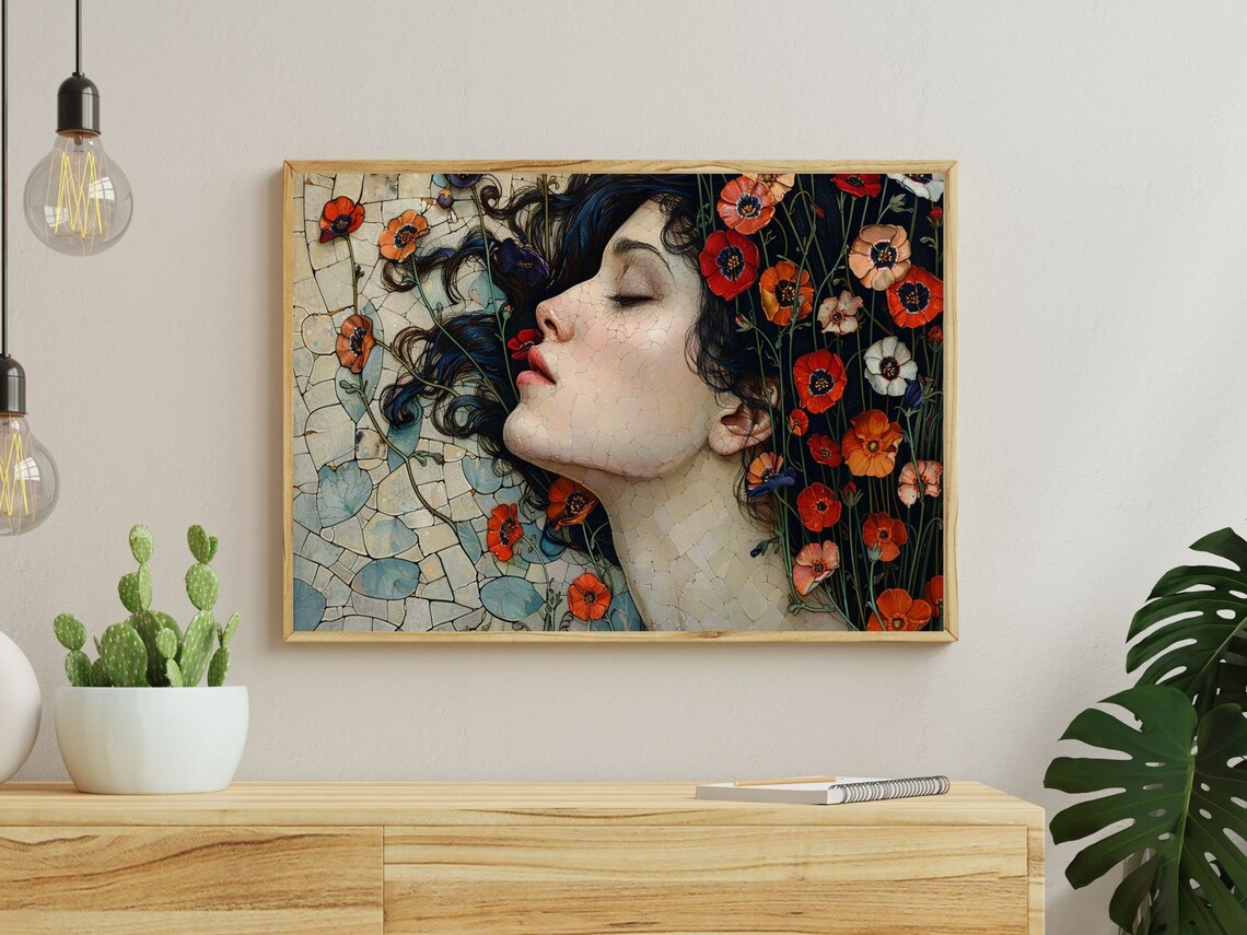 Mosaic Profile Woman Face With Red Poppies Floral Art Wall Art - Image 2