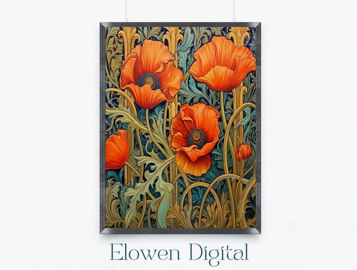 Art Nouveau Orange Poppies with Ornate Golden Foliage Poster