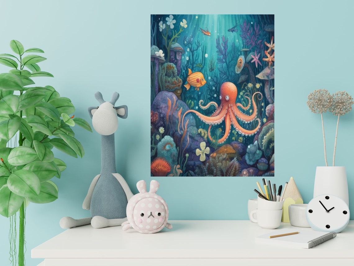 Playful Orange Octopus in a Teal Underwater Wonderland Poster - Image 2