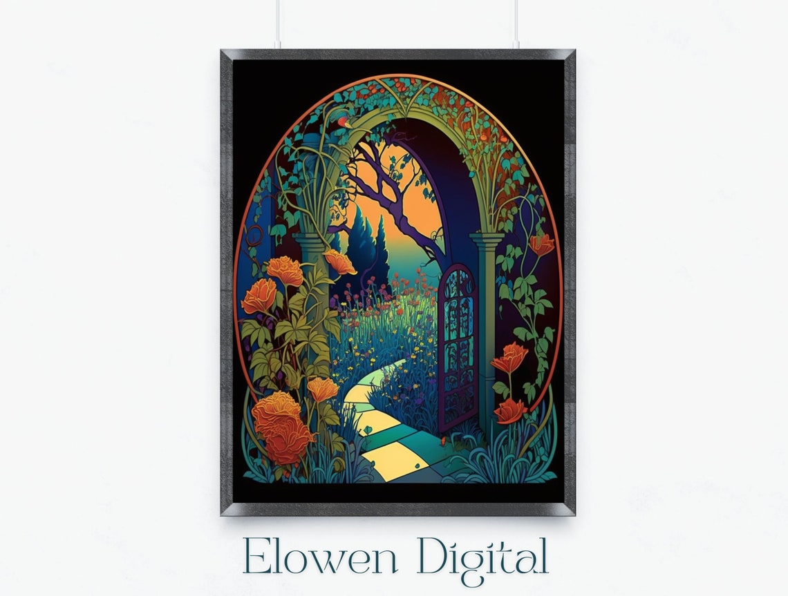 Art Nouveau Sunset Garden Arch Poppy Path Stained Glass Poster
