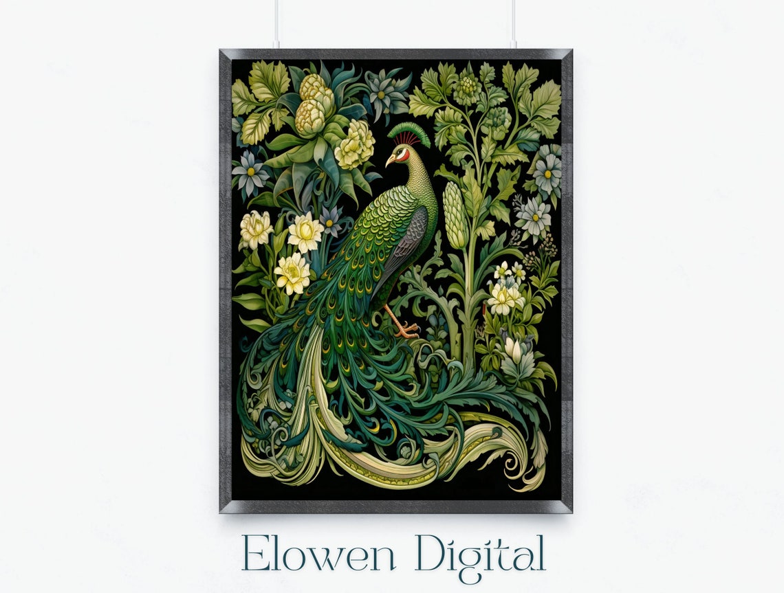 William Morris Style Peacock Emerald Garden Black Ground Wall Art