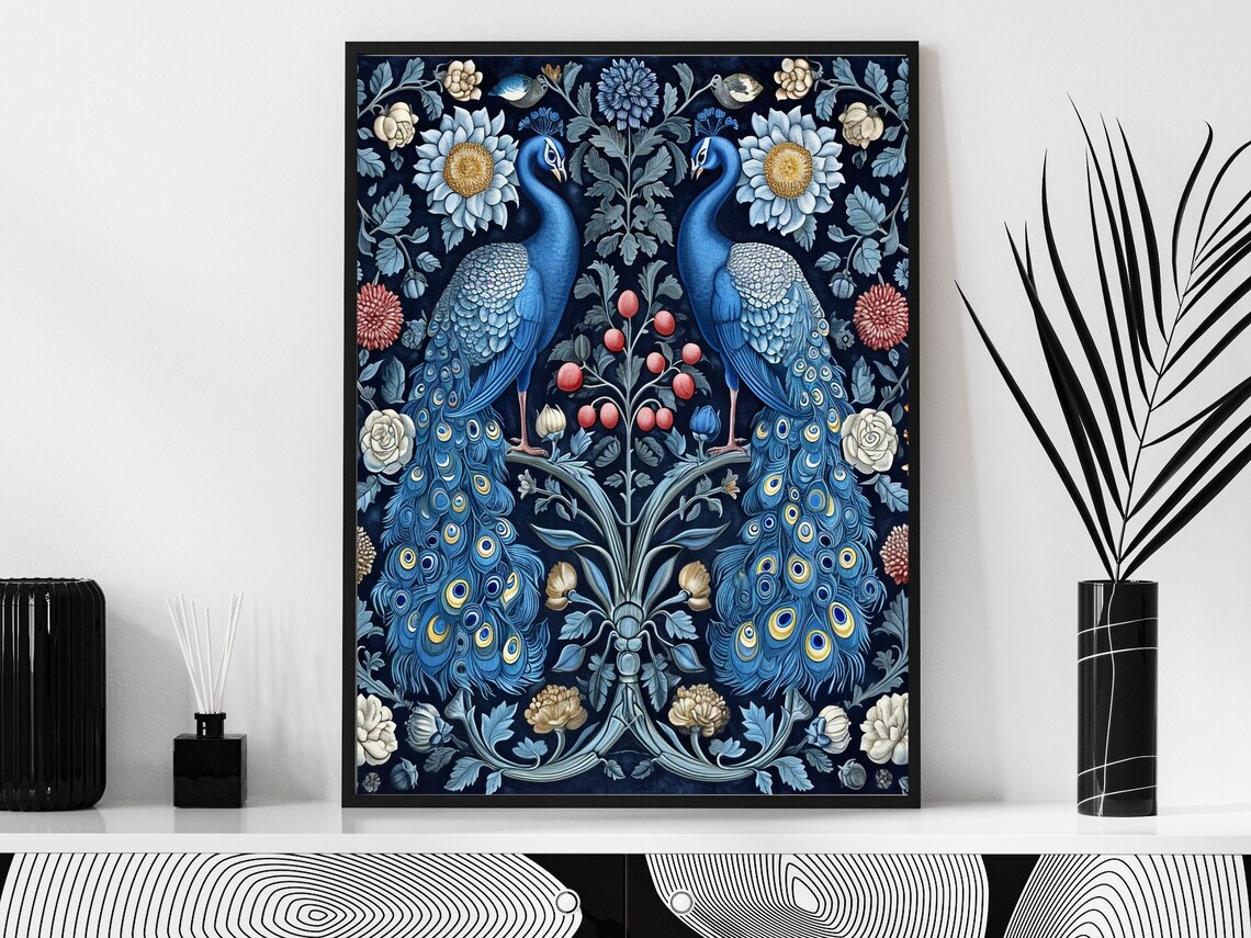 Pair Of Blue Peacocks In Floral Symmetry Dark Navy Scene Wall Art - Image 3