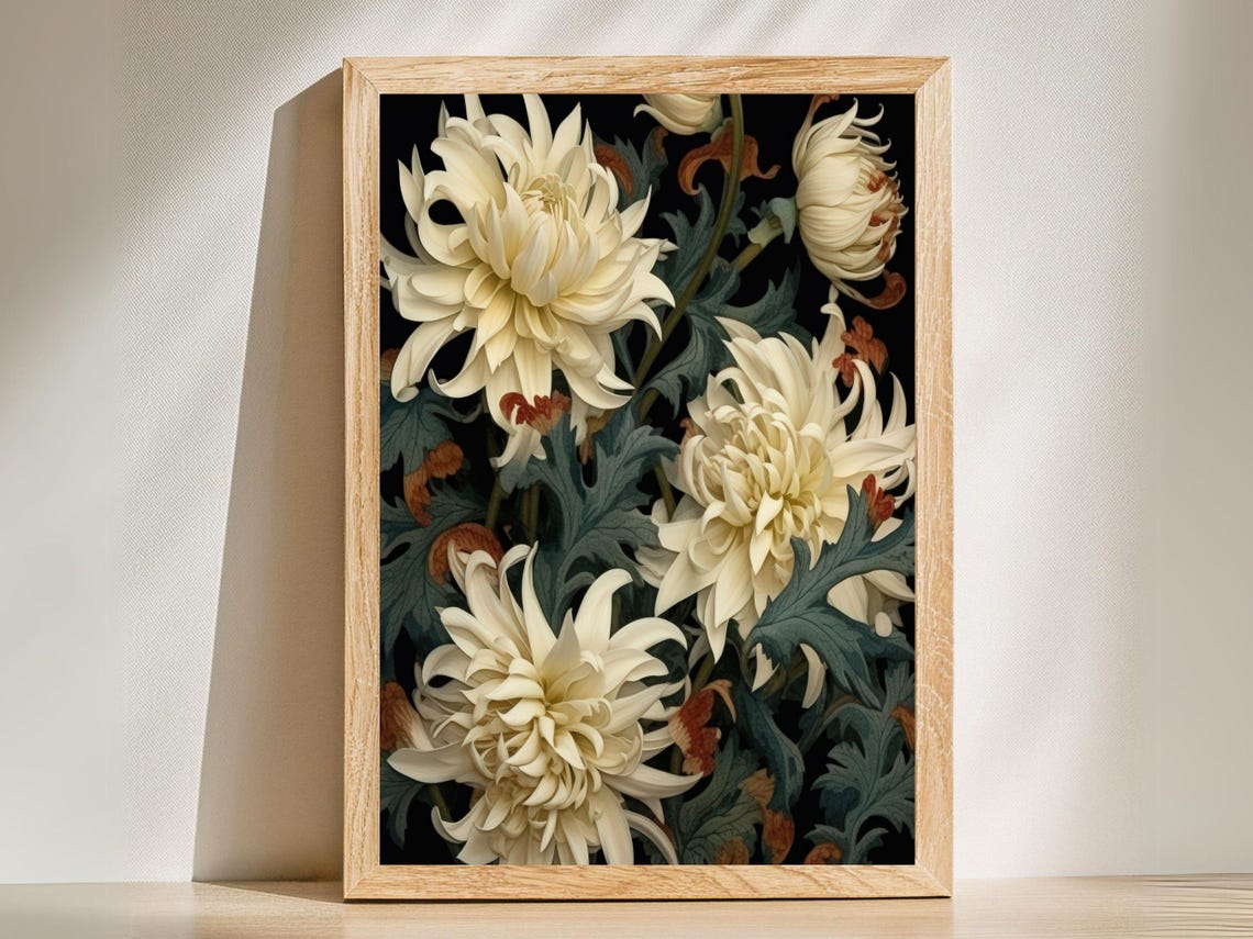 White Chrysanthemums on Dark Botanical Vintage Floral Poster