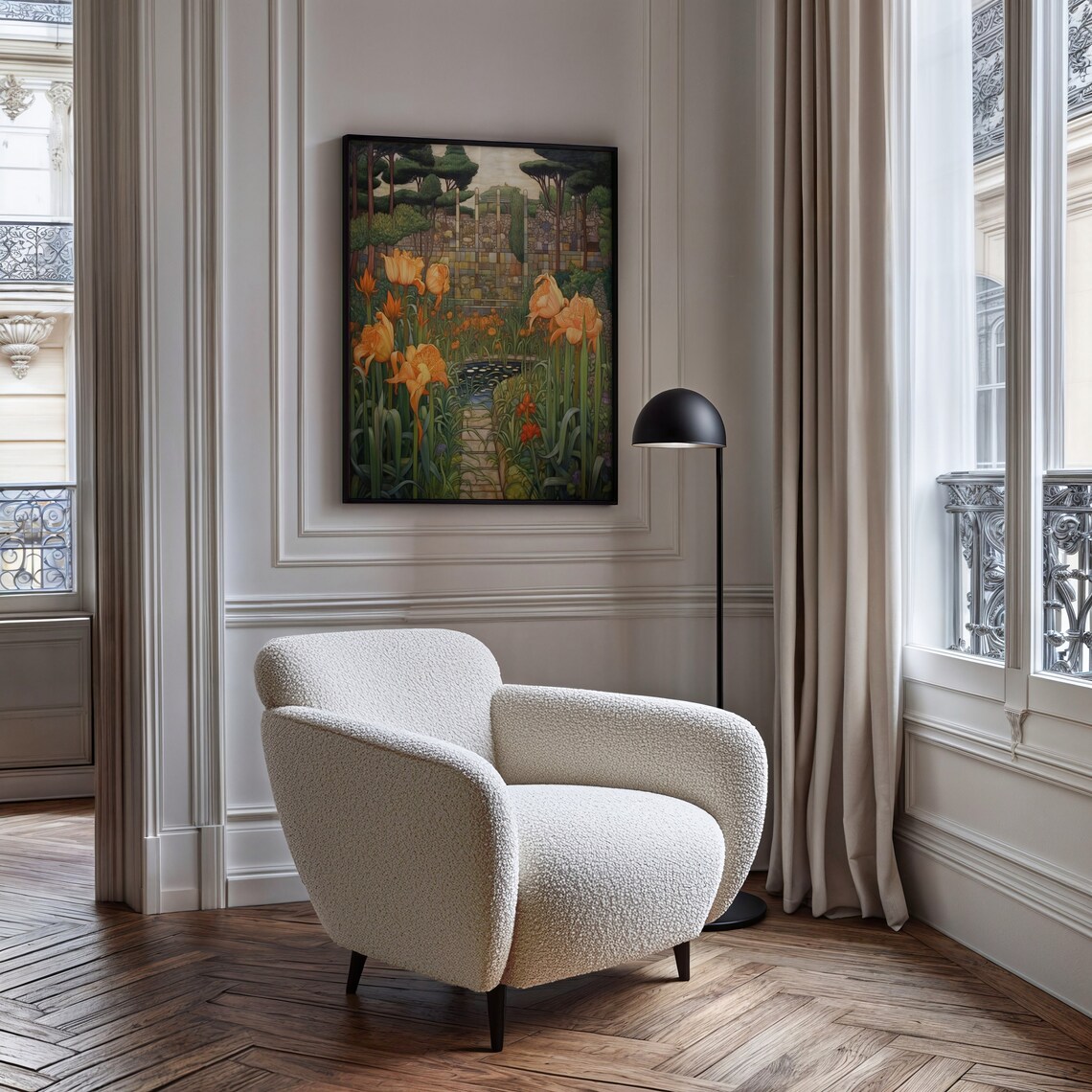 Art Deco Garden Orange Lilies Pond Mosaic Flower Garden Wall Art - Image 6