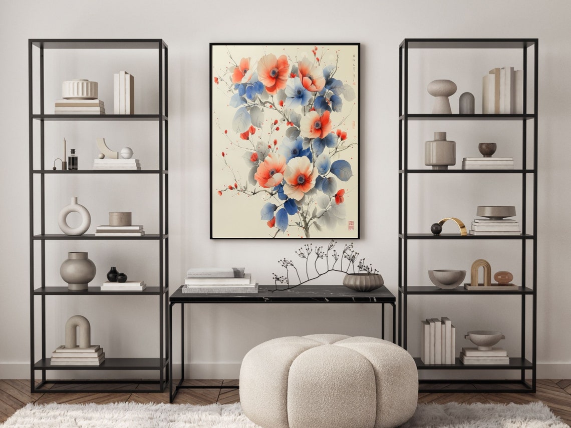 Japanese Ink Wash Red And Blue Blossoms Botanical Style Wall Art - Image 4
