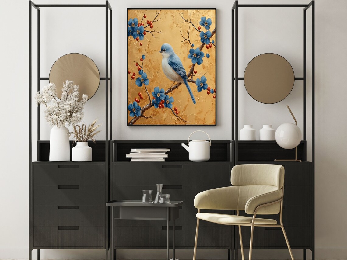 Bluebird Blossoms Red Berries Gold Chinoiserie Botanical Poster - Image 4