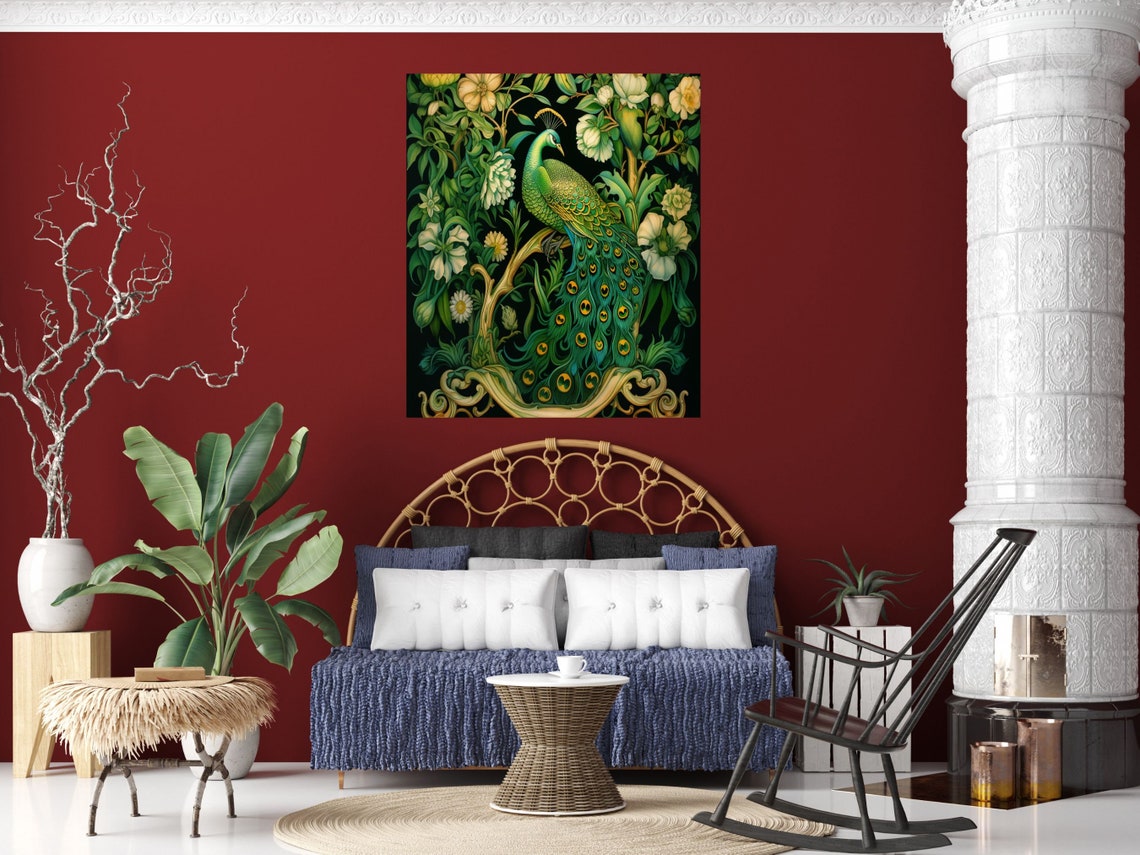 Peacock White Flowers Morris Style Botanical Garden Art Poster - Image 3