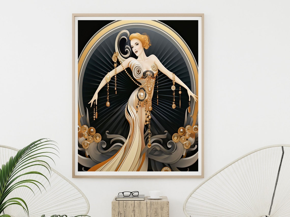 Elegant Art Deco Dancer In White And Gold Beaded Gown Swirling Print - Image 6