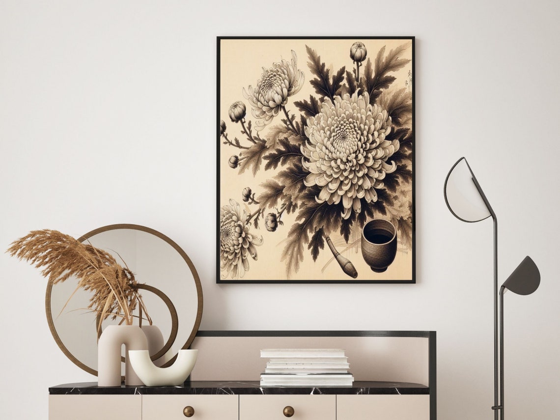 Japanese Ink Chrysanthemums Tea Cup Vintage Botanical Poster - Image 6