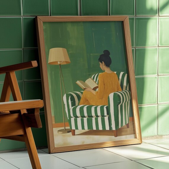 Emerald Green Woman Reading Striped Armchair Modern Figurative Art Poster