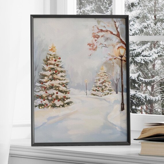 Christmas Trees on a Snowy Lamplit Winter Street Pastel Print