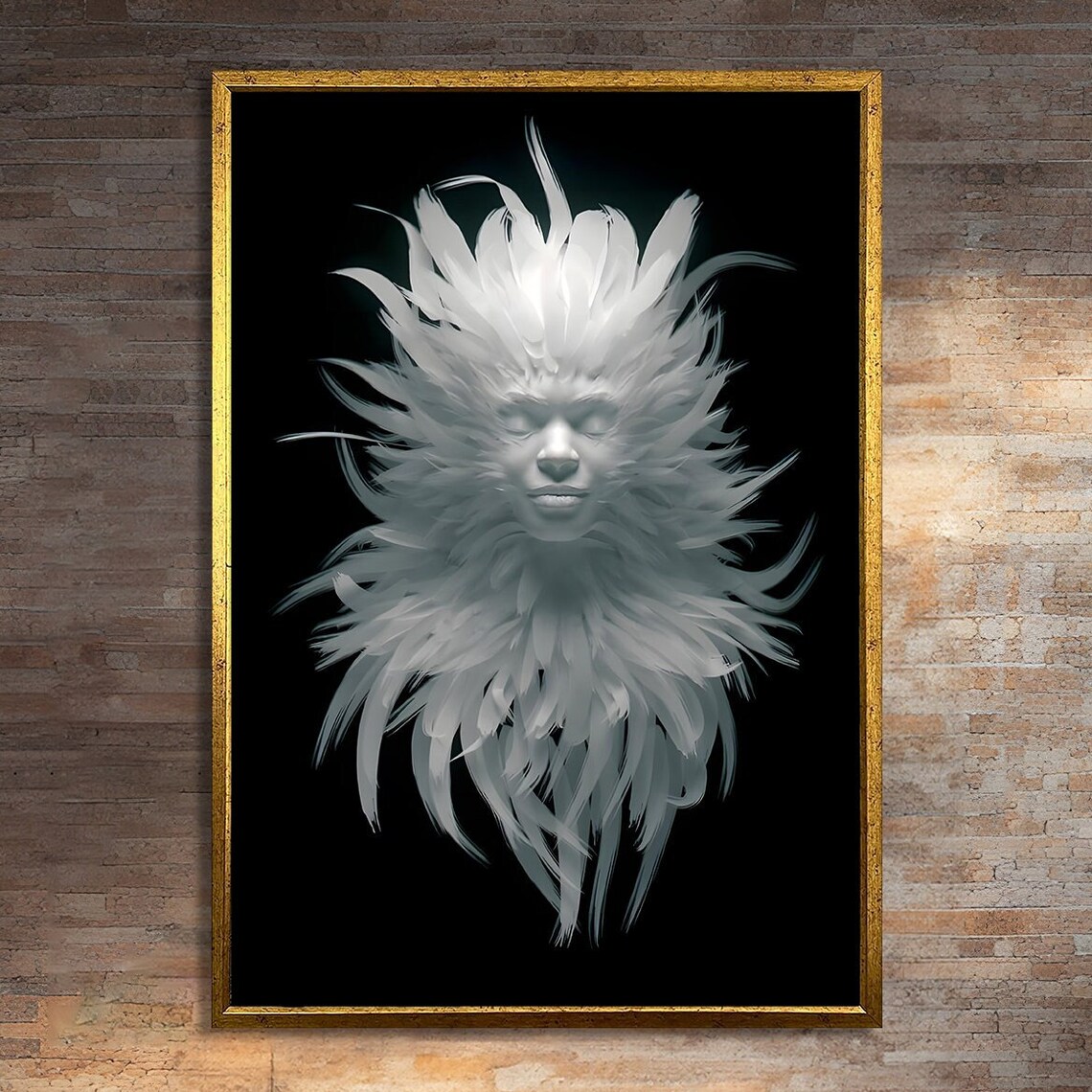 Ethereal Feathered Face Painting, Surreal Modern Art