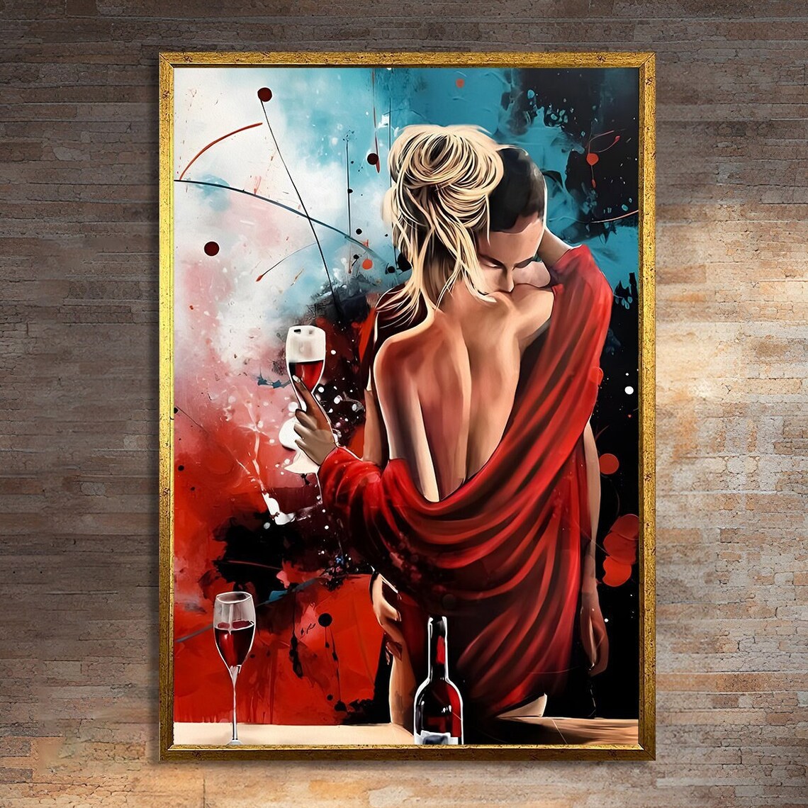 Passionate Red Embrace Lovers and Wine Art Print