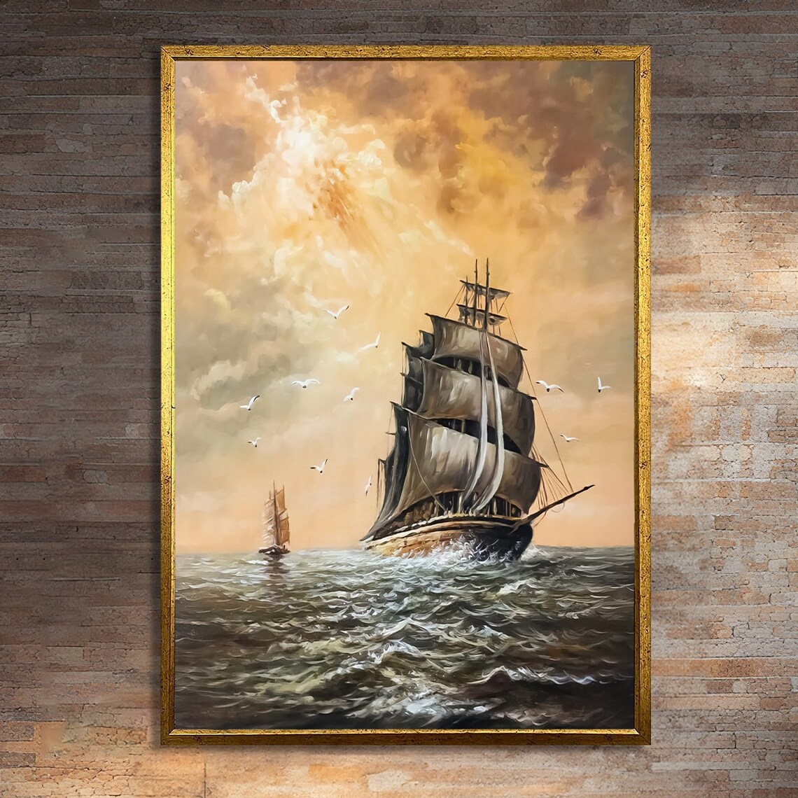 Golden Horizon Ship, Elegant Nautical Art Print