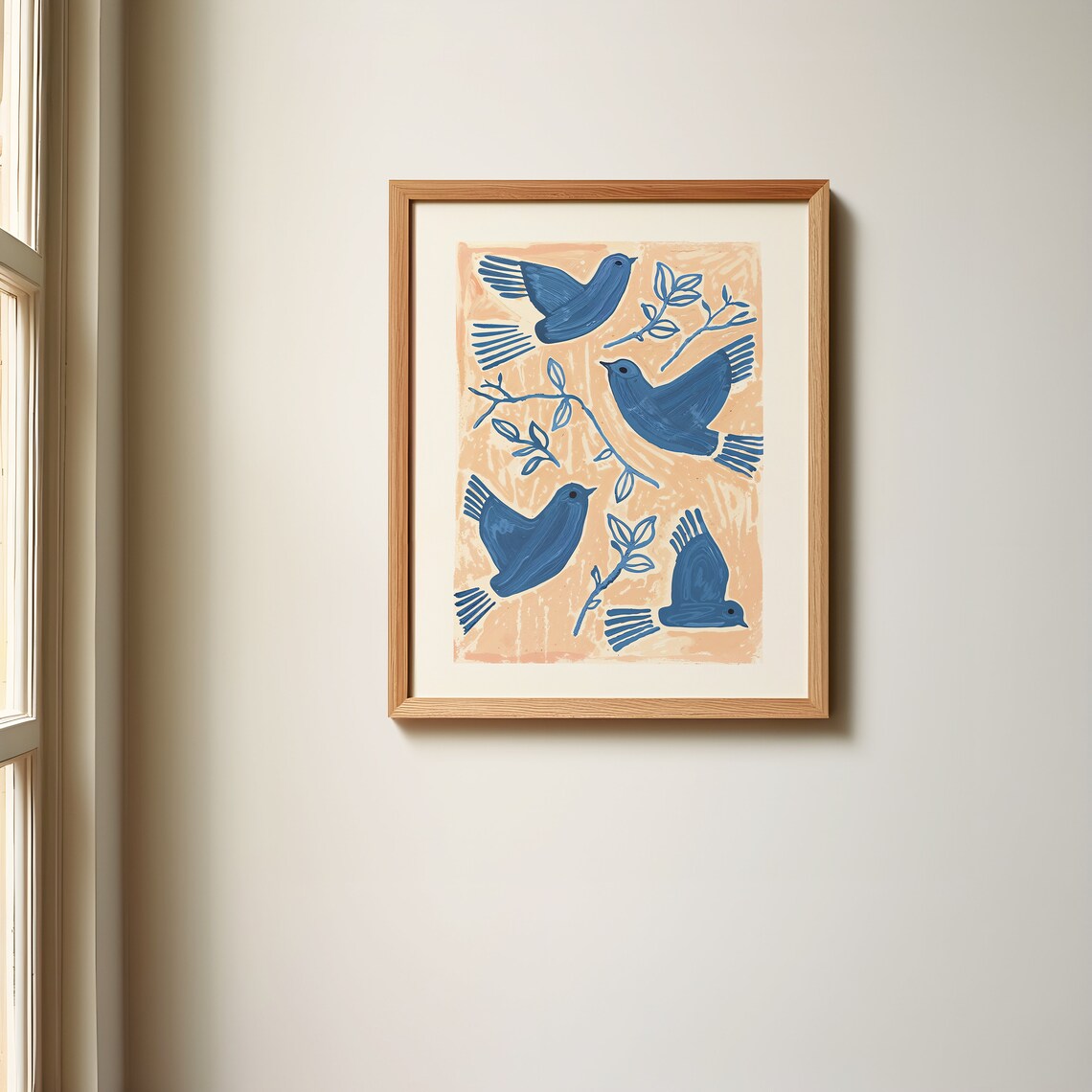Blue Birds Folk Illustration Peach Background Modern Bird Art Poster - Image 3