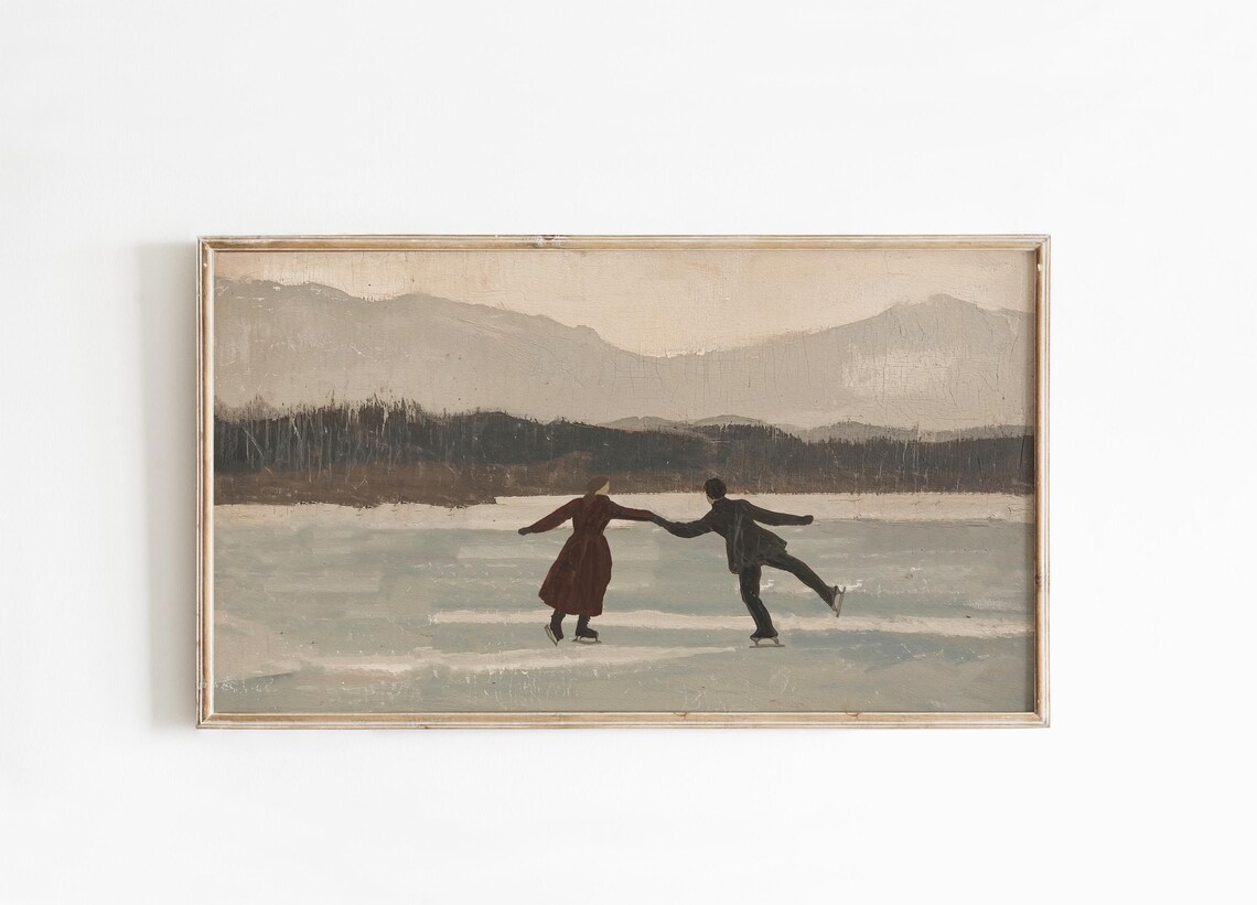 Vintage Ice Skating Couple Frozen Lake Winter Romance Poster
