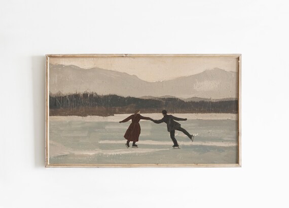 Vintage Ice Skating Couple Frozen Lake Winter Romance Poster