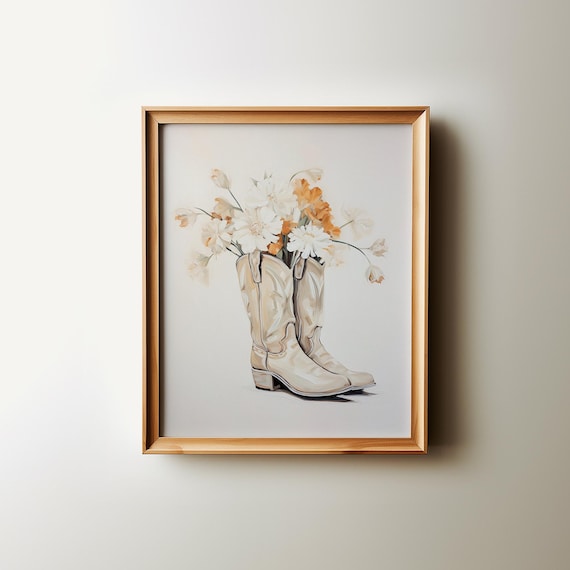 White Cowboy Boots with Daisies Western Floral Painting Elegant Wall Art