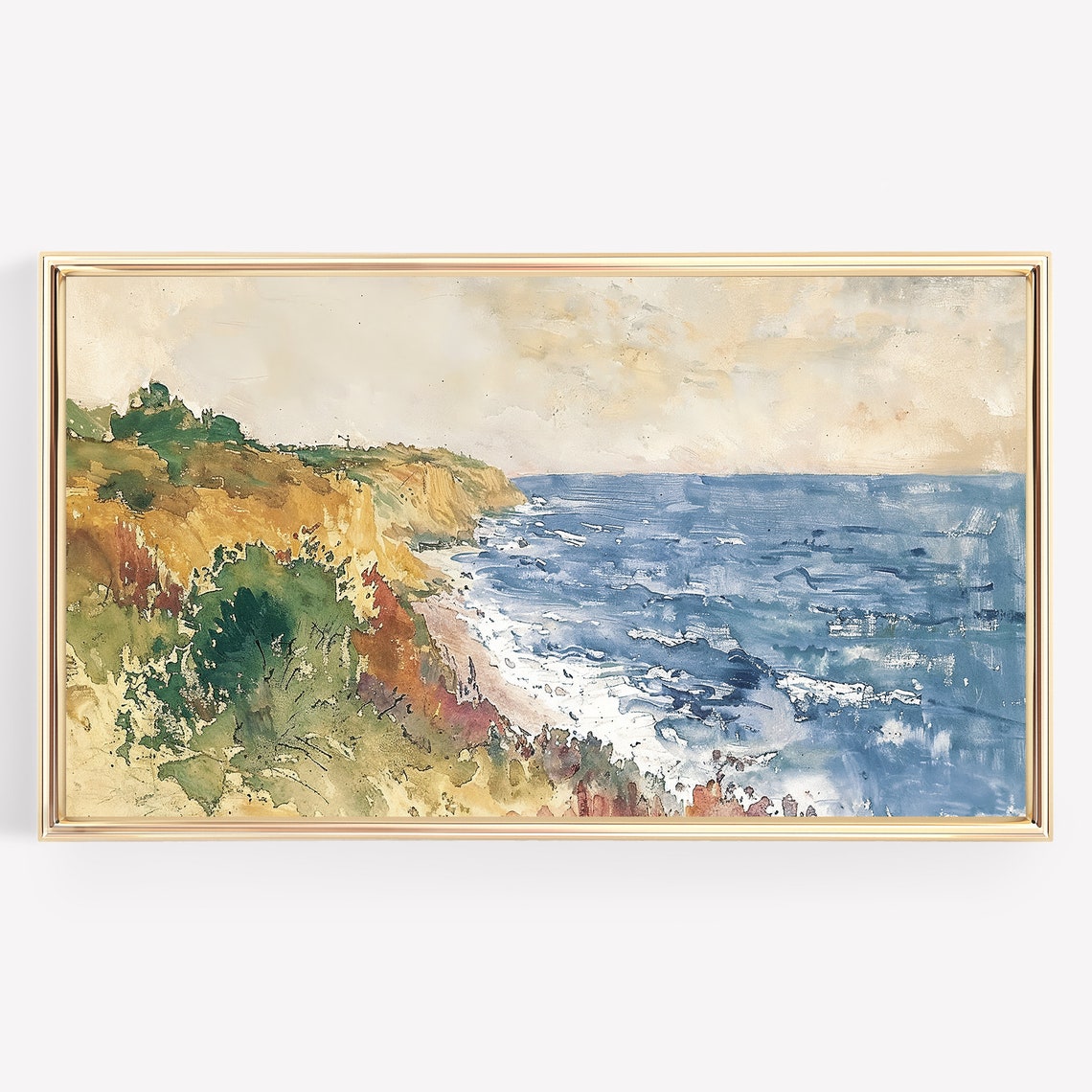 Autumn Coastal Cliffs Watercolor Golden Fall Ocean View Poster