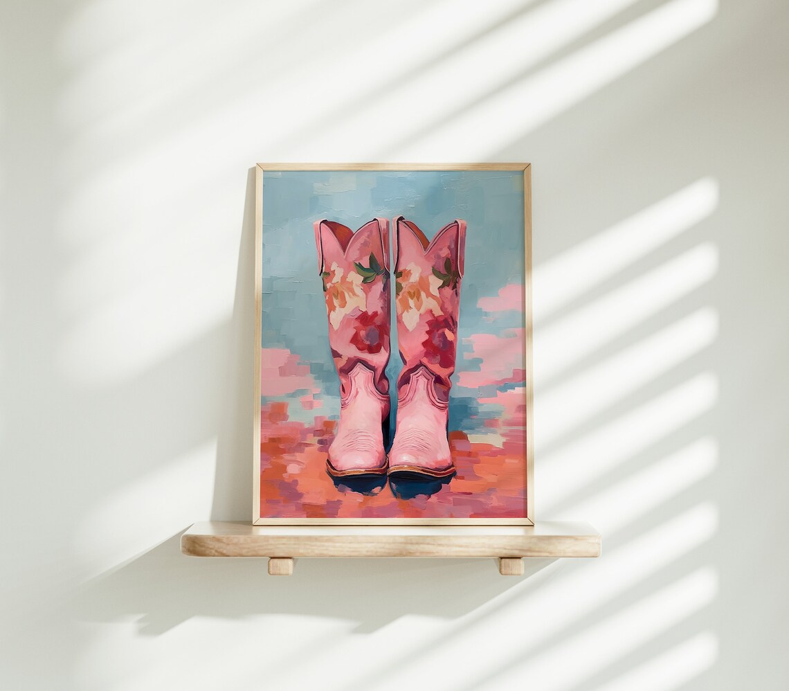 Pink Floral Cowboy Boots Coastal Western Painting Decor Poster - Image 2