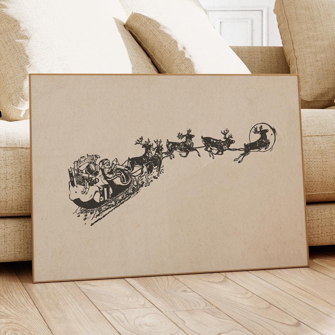 Santa Sleigh Reindeer Vintage Christmas Art Print