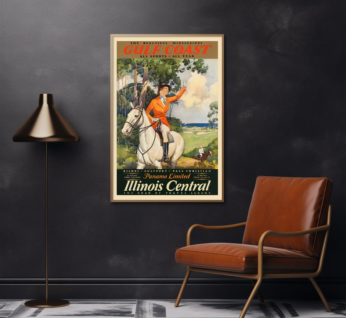 Mississippi Gulf Coast Horseback Rider Golf Vintage Travel Poster - Image 2