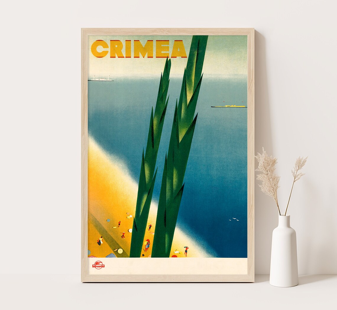 Crimea Black Sea Aerial Beach Cypress Vintage Intourist Travel Poster