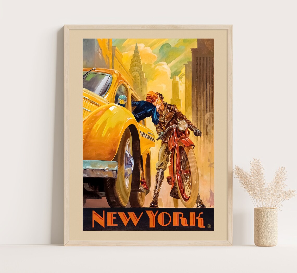 New York Art Deco Yellow Taxi Romance Chrysler Building Vintage Poster