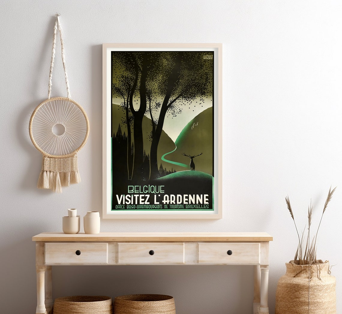 Belgian Ardenne Forest Stag Moonlit Hills Art Deco Vintage Poster - Image 4