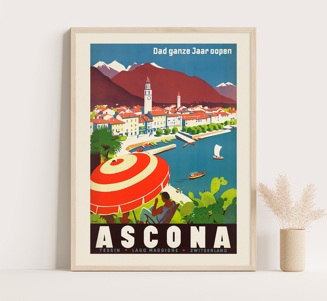 Ascona Lago Maggiore Switzerland Red Parasol Lakeside Travel Poster