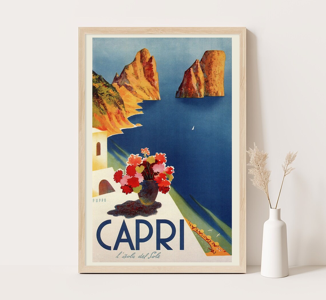 Capri Italy Vintage Travel Poster, Retro Coastal Art Print