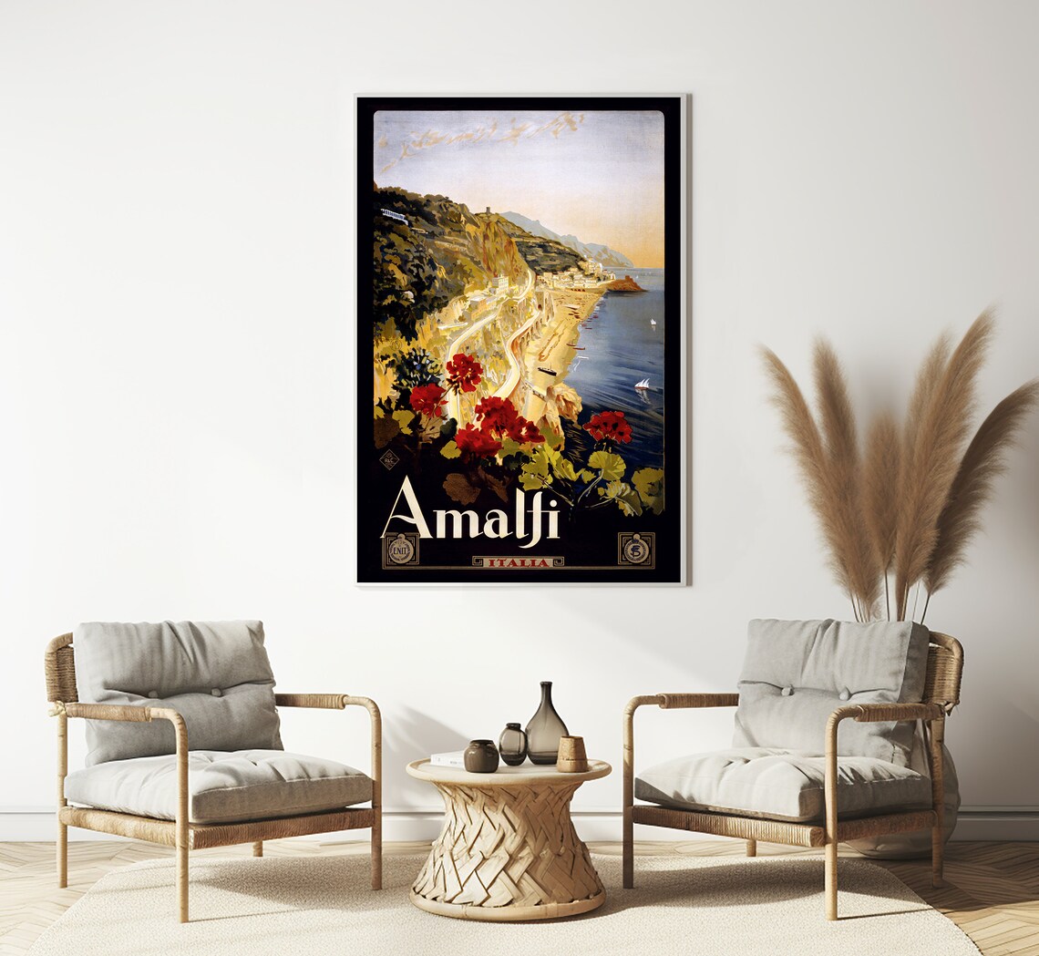 Amalfi Italy Winding Cliff Road Sea Flowers Vintage Coast Poster - Image 3