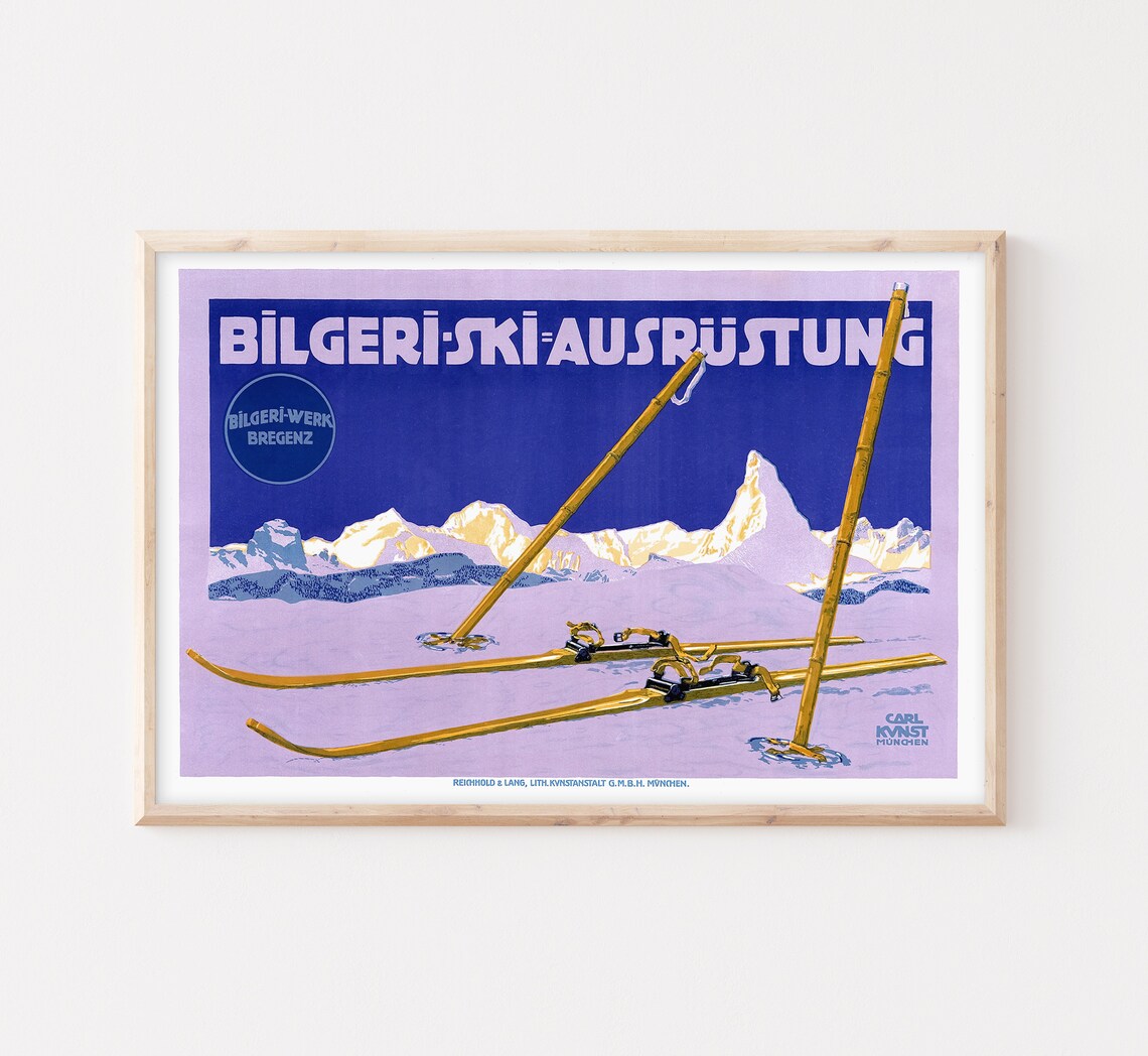 Bilgeri Ski Ausrustung Matterhorn Vintage Skis Poles Snow Wall Art