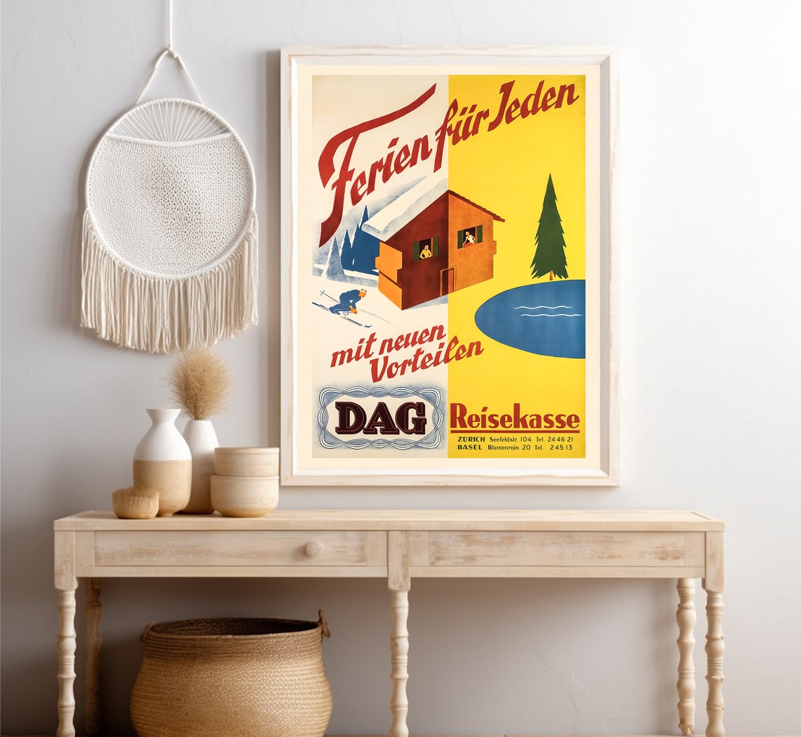 Switzerland DAG Holidays Winter Ski Summer Lake Chalet Vintage Poster - Image 4