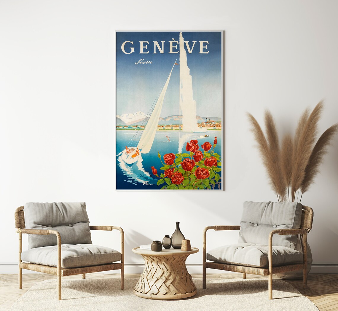 Geneve Switzerland Jet D'Eau Sailboat Roses Lake View Vintage Poster - Image 3
