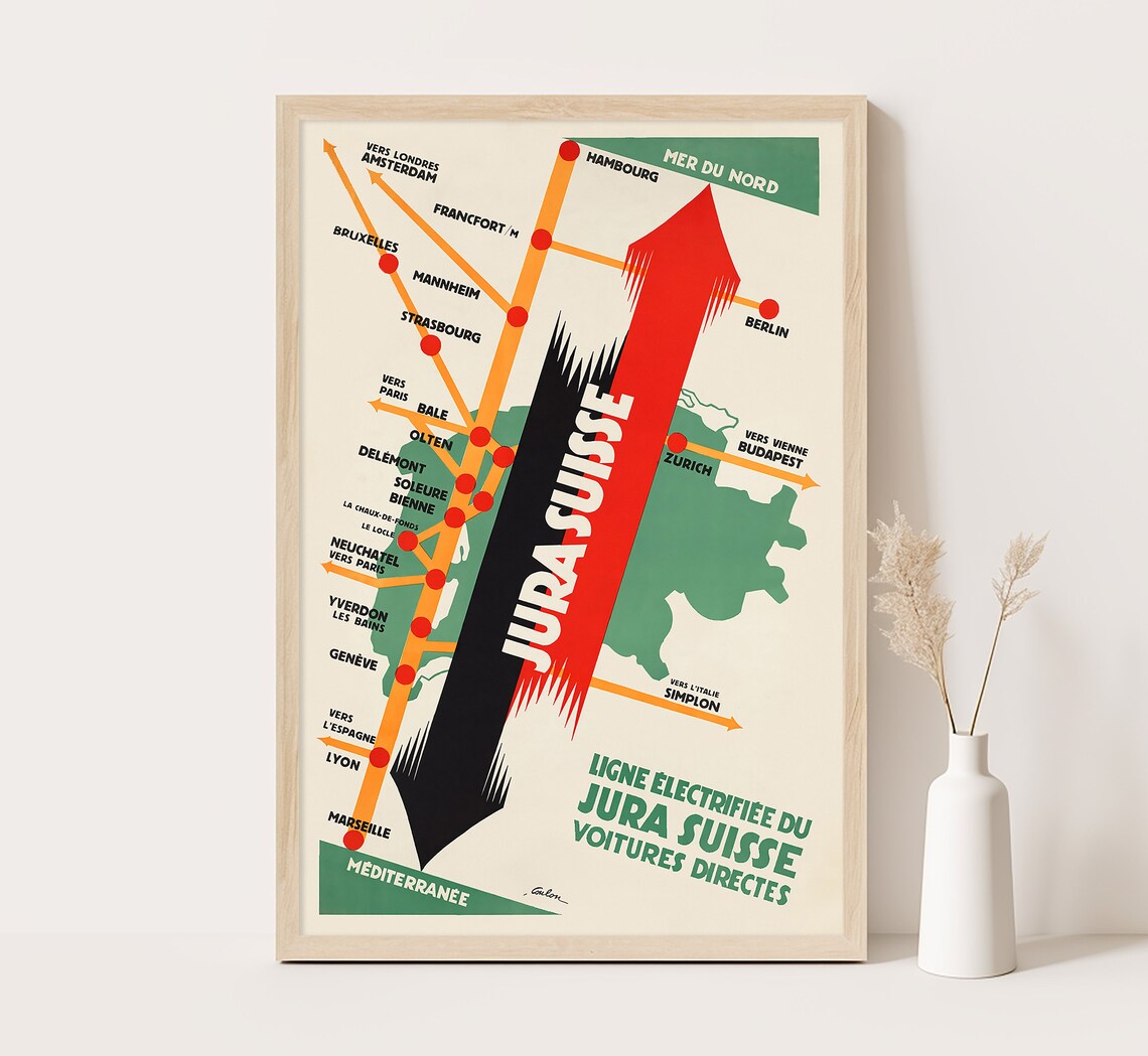 Jura Suisse Swiss Railway Map Vintage Train Travel Poster Art Print