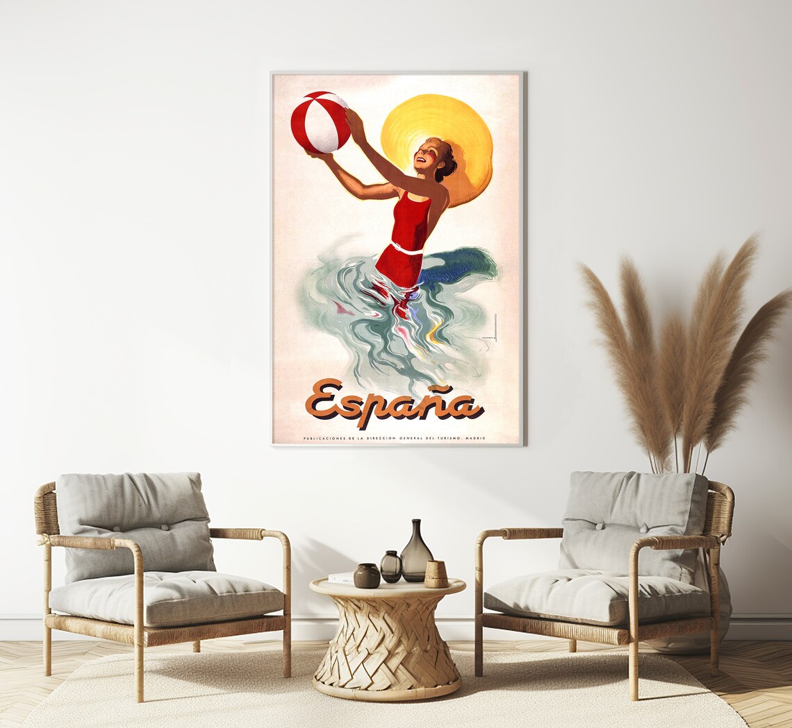Espana Spain Sun Halo Beach Ball Red Swimsuit Vintage Travel Poster - Image 3