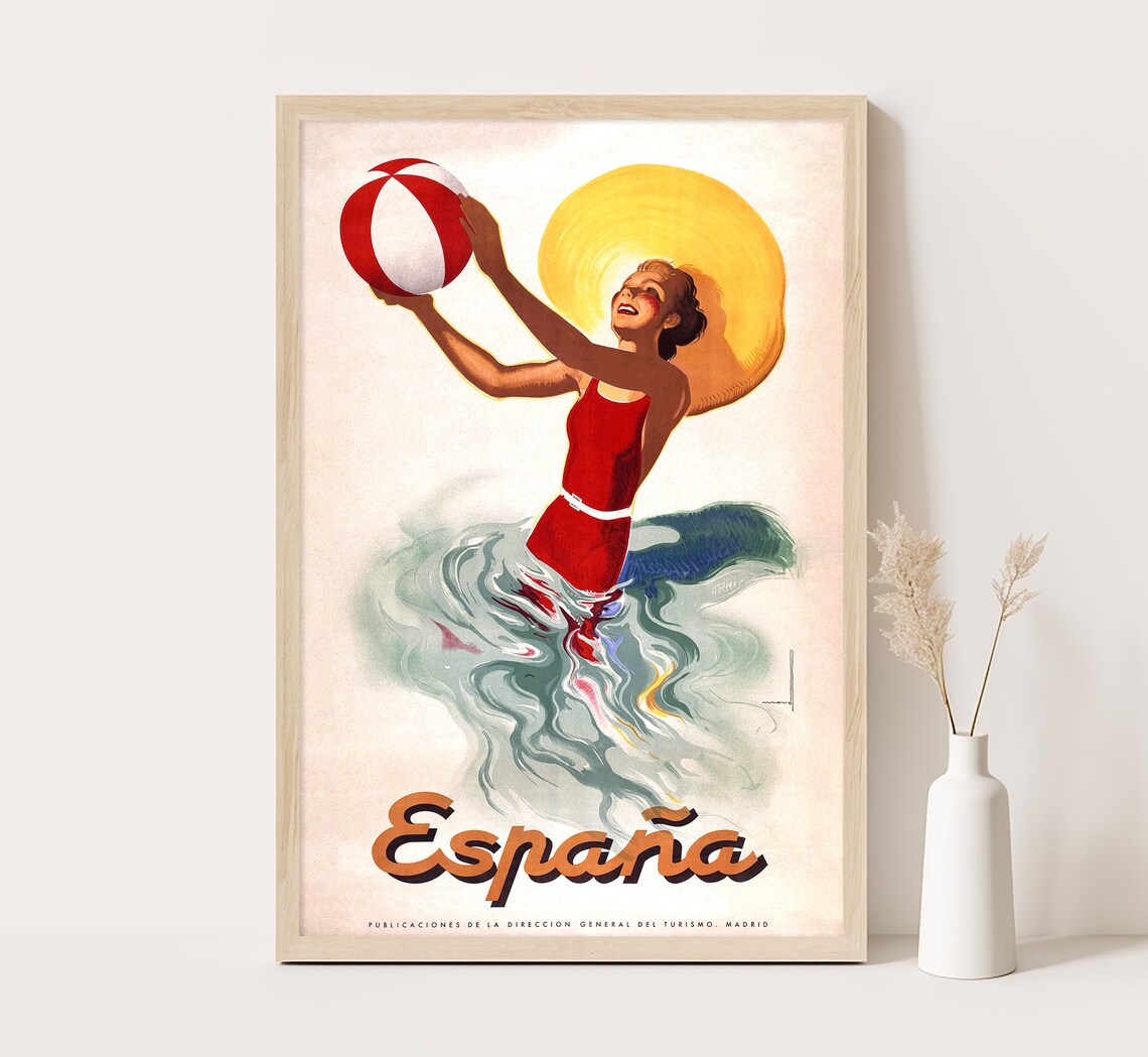 Espana Spain Sun Halo Beach Ball Red Swimsuit Vintage Travel Poster