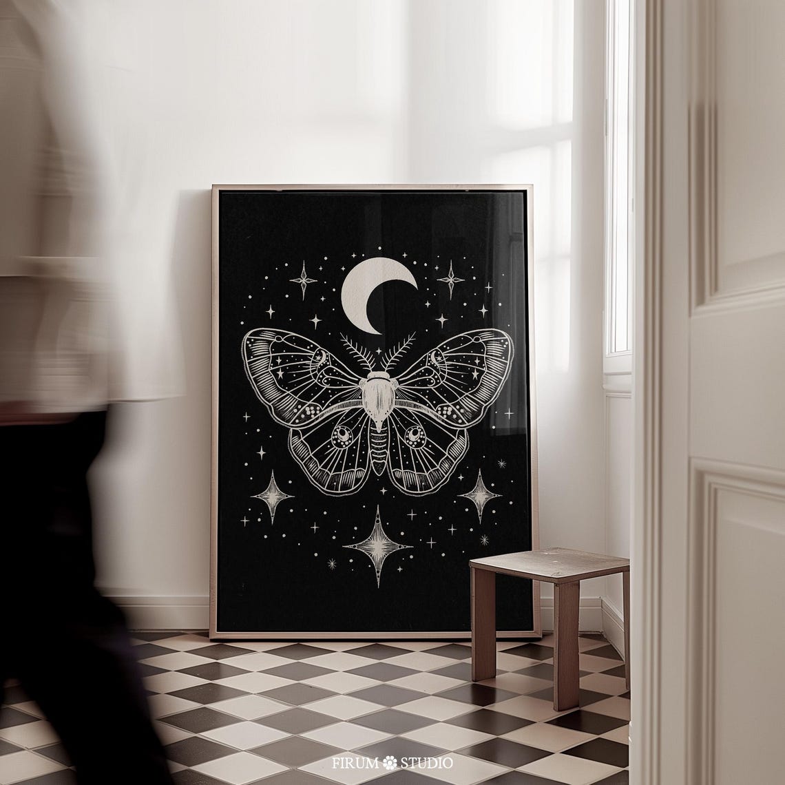 Celestial Luna Moth With Crescent Moon And Stars Black Wall Art