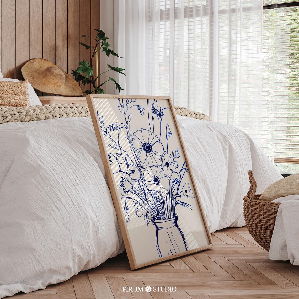 Blue Ink Anemone Flowers Vase Line Art Elegant Botanical Poster - Image 2