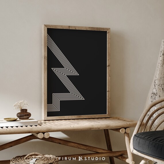 Abstract Black White Lightning Bolt Geometric Line Art Print Decor