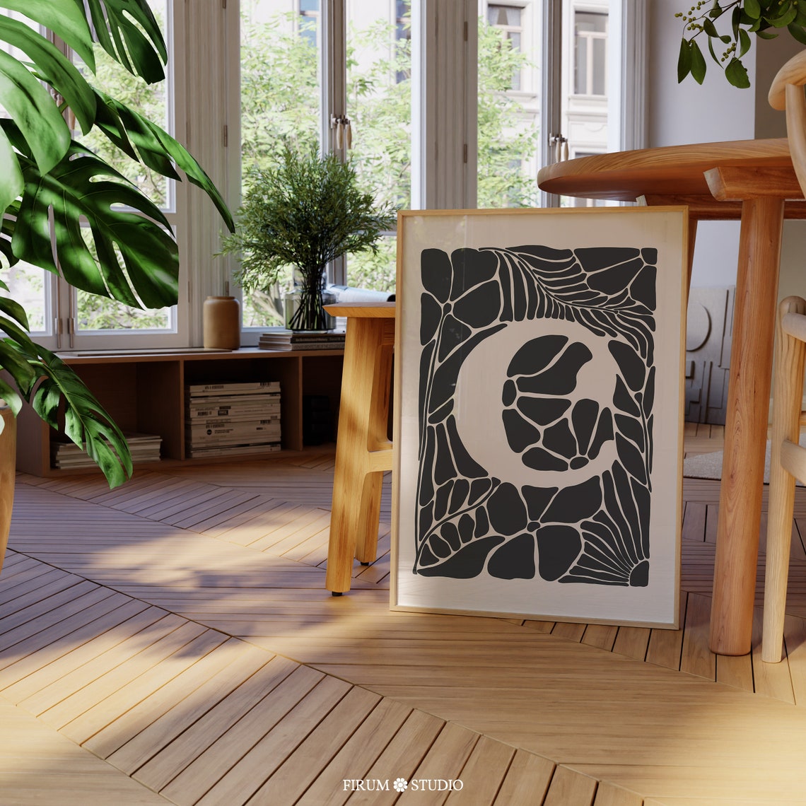 Letter C Botanical Monogram Black Organic Shapes Modern Wall Art