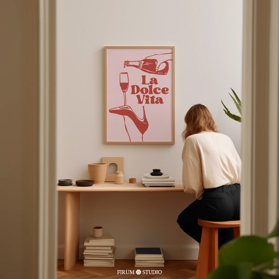 La Dolce Vita Art Poster Pink And Red Italian Quote Poster Bar Cart Decor Party Wall Art Fun Bar Corner Wall Decor 0656
