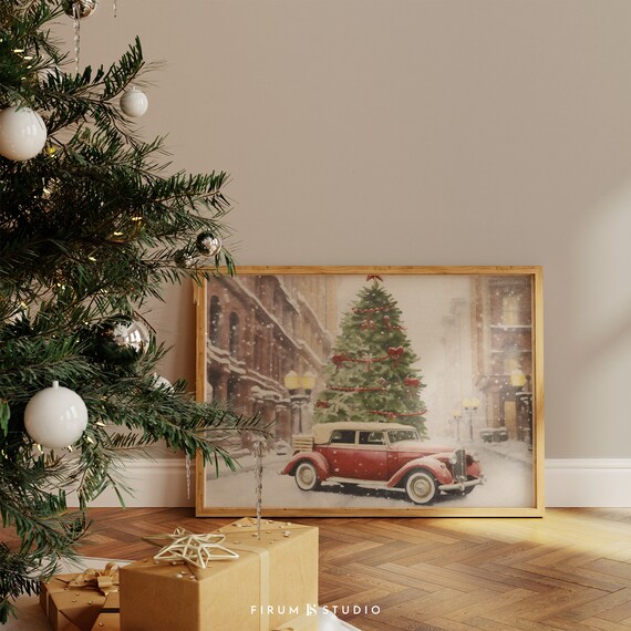 Vintage Red Car Christmas Tree Poster Snowy Holiday Street Scene